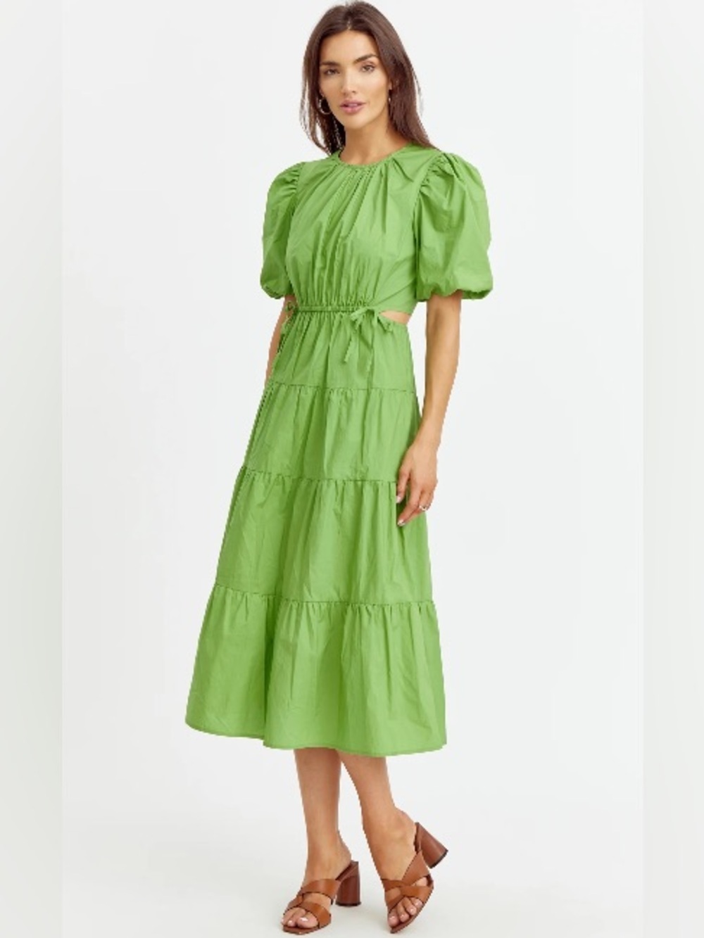Adelyn Rae Green Puff-Sleeve Tiered Midi Dress size Small